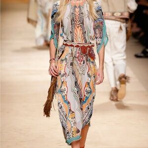 ETRO Rare Beaded Navajo Printed Slip Dress with Asymmetrical Tiers